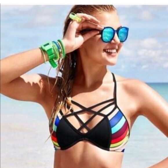 Victoria's Secret PINK Strappy Bikini Top Multicolor Striped Size L - Picture 1 of 9